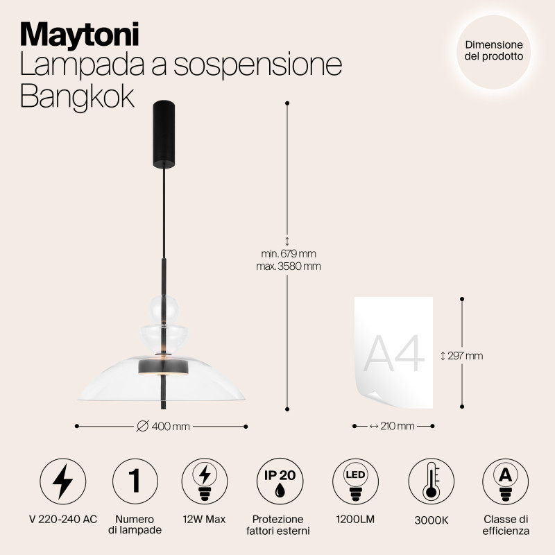 Подвесной светильник  40*67,9 см, LED 1 12W, 3000К, Черный Maytoni Bangkok MOD185PL-L6B3K3
