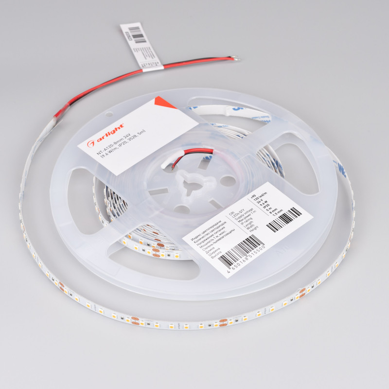 Лента NT-A120-8mm 24V Warm2700 (9.6 W/m, IP20, 3528, 5m) (Arlight, Открытый) 033523. Цена указана за 5 метров. Продается кратно 5 метрам.