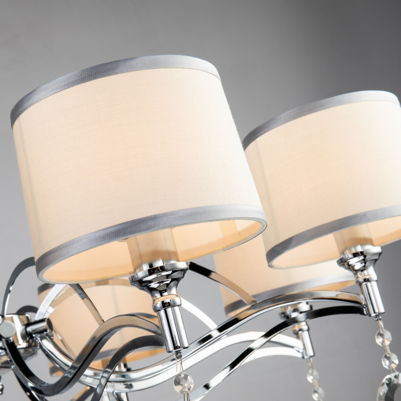 Подвесная люстра Favourite Semina 2707-8P, D930*H430/1430, хром, абажуры из белой ткани с серебряной тесьмой, декоративные элементы из прозрачного хрусталя