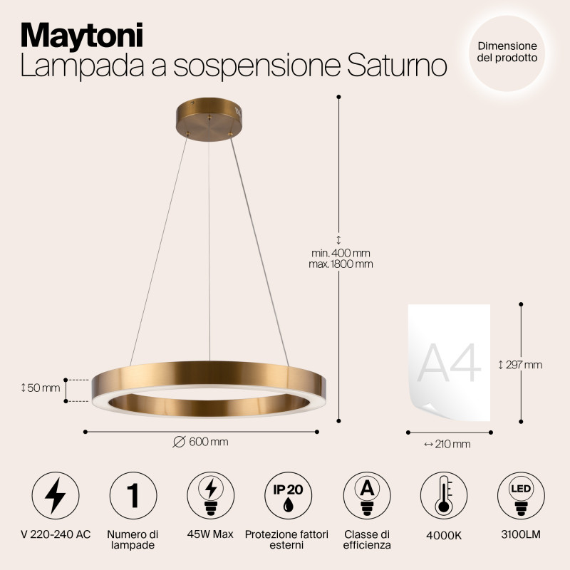 Светильник 60 см, 45W, 4000K Maytoni Saturno MOD415PL-L45BS4K, латунь