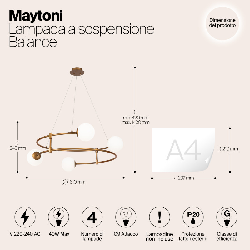 Светильник 61 см, Maytoni Balance MOD317PL-04G, золото