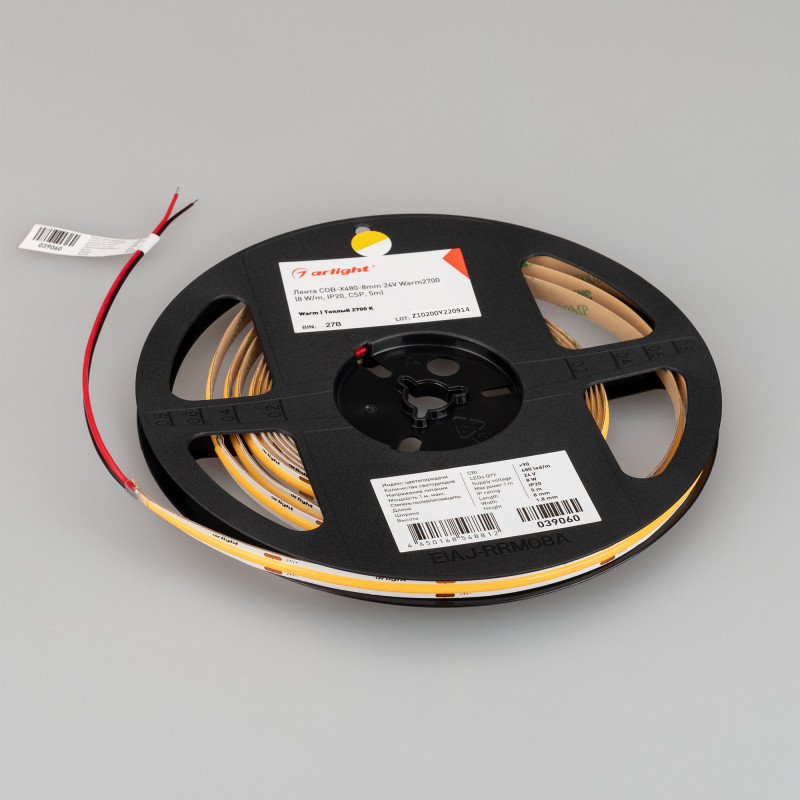 Лента COB-X480-8mm 24V Warm2700 (8 W/m, IP20, CSP, 5m), Arlight 039060. Цена указана за 5 метров. Продается кратно 5 метрам.