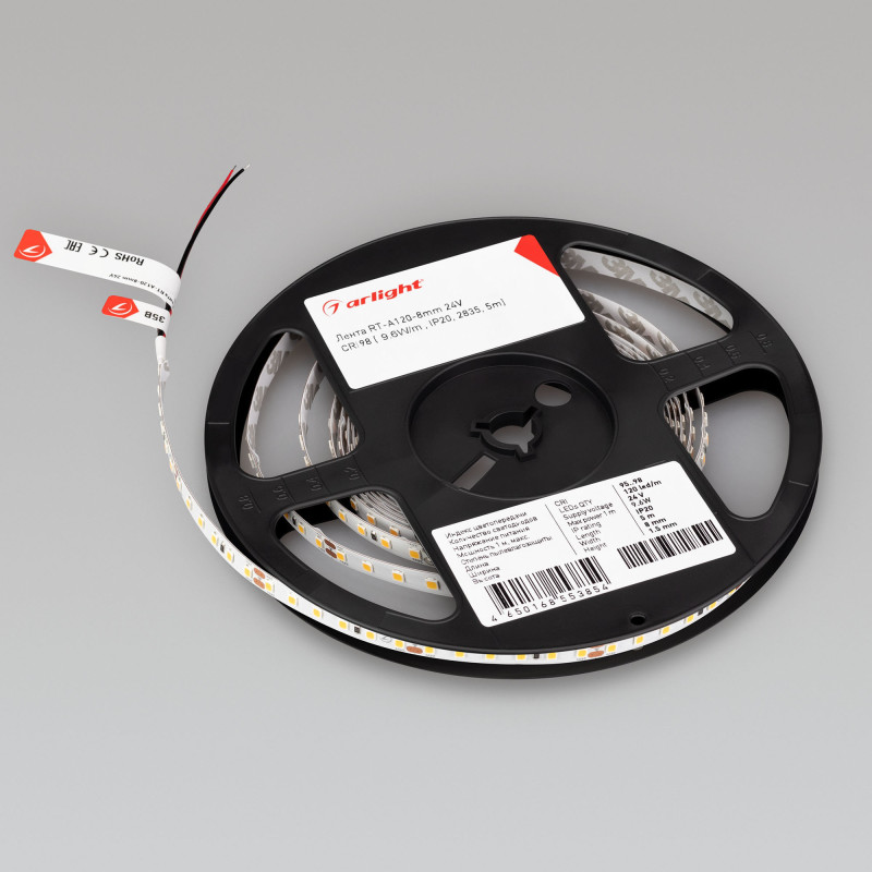 Лента RT-A120-8mm 24V Warm2400 (9.6 W/m, IP20, 2835, 5m) (Arlight, Открытый) 018090(2). Цена указана за 5 метров. Продается кратно 5 метрам.
