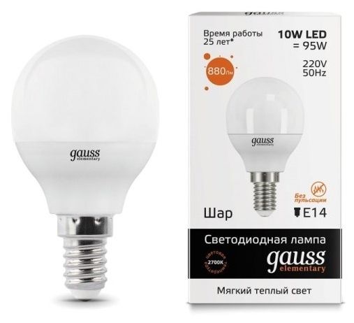 Лампа Gauss Elementary Шар 10W 710lm 3000K Е14 LED
