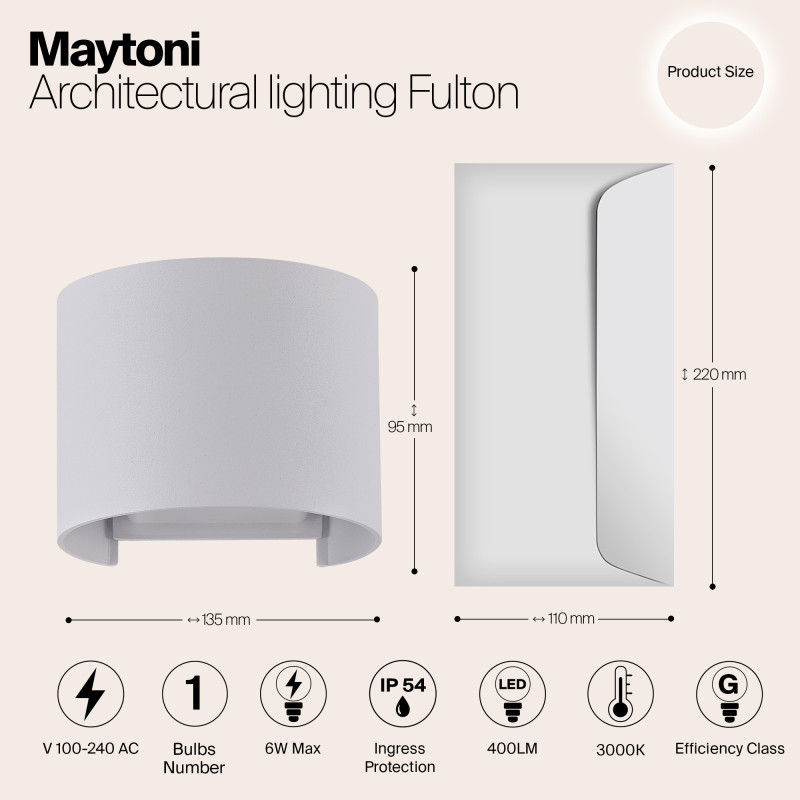 Уличное бра 6W, 3000К Maytoni Fulton O573WL-L6W, белый/матовый