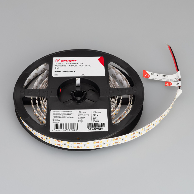 Лента RT-A240-15mm 24V Warm3000 (19.2 W/m, IP20, 2835, 5m) (Arlight, Открытый) 024075(2). Цена указана за 5 метров. Продается кратно 5 метрам.