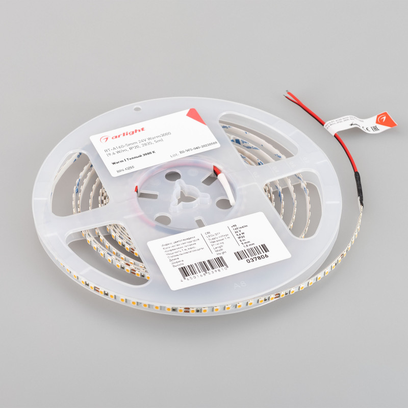 Лента RT-A160-5mm 24V Warm3000 (9.6 W/m, IP20, 2835, 5m) (Arlight, Открытый) 037806. Цена указана за 5 метров. Продается кратно 5 метрам.