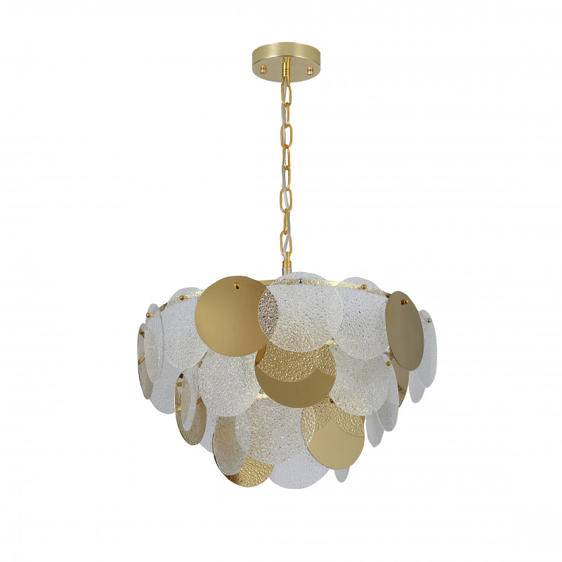 Подвесная люстра Favourite Dazzling 2741-7P, D440*H365/800, каркас золотого цвета, каскад из декоративных дисков, выполненных из прозрачного стекла и металла