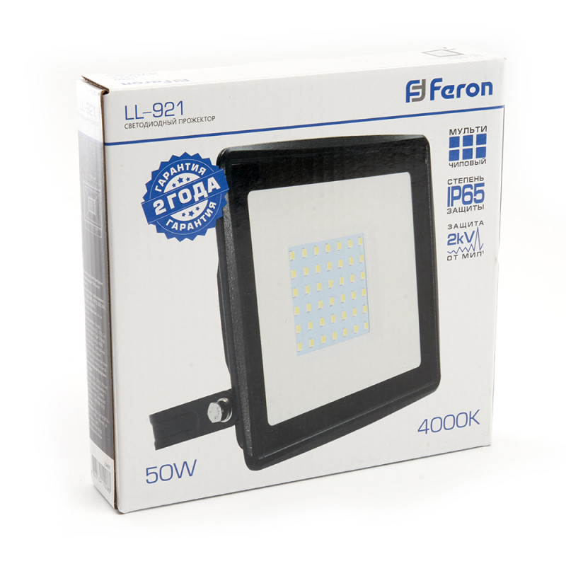 Прожектор светодиодный 2835 SMD 50W 4000K IP65  AC230V/50Hz, черный, LL-921 Feron 29497