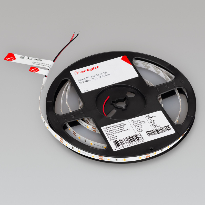 Лента RT-A60-8mm 12V Day4000 (7.2 W/m, IP20, 2835, 5m) (Arlight, Открытый) 015697(2). Цена указана за 5 метров. Продается кратно 5 метрам.