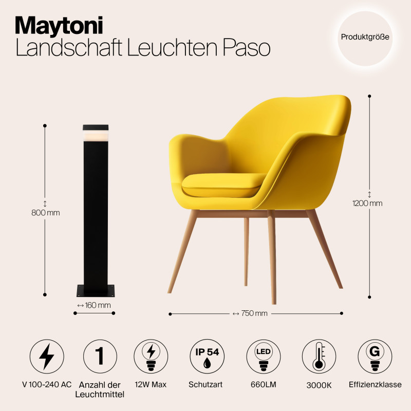Светодиодный светильник 80 см, 12W, 3000K, Maytoni Paso O595FL-L12B3K, черный