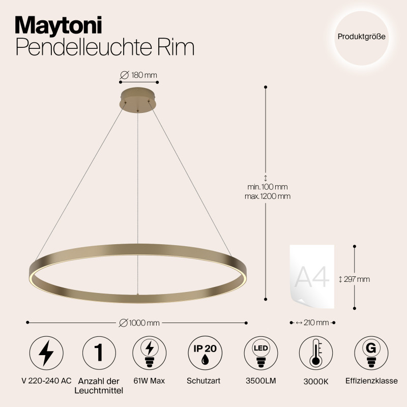 Светильник 100 см, 61W, 3000K Maytoni MOD058PL-L54BS3K, латунь