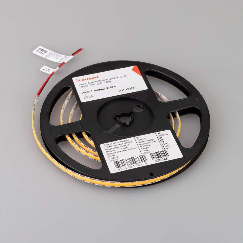 Лента COB-X400-8mm 12V Warm2700 (9 W/m, IP20, CSP, 2.5m), Arlight 039046. Цена указана за 2,5 метров. Продается кратно 2,5 метрам.
