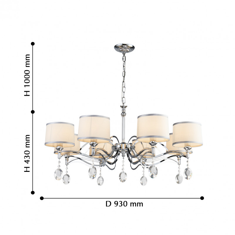 Подвесная люстра Favourite Semina 2707-8P, D930*H430/1430, хром, абажуры из белой ткани с серебряной тесьмой, декоративные элементы из прозрачного хрусталя