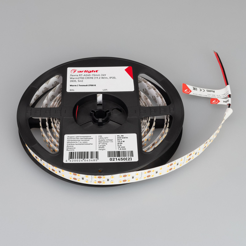 Лента RT-A240-15mm 24V Warm2700 CRI98 (19.2 W/m, IP20, 2835, 5m) (Arlight, Открытый) 021450(2). Цена указана за 5 метров. Продается кратно 5 метрам.