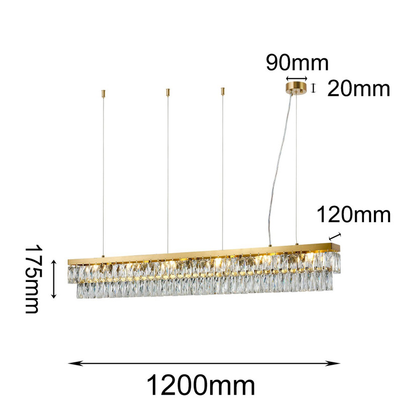 Подвесная люстра Favourite Magnitudo 4090-6P, L1200*W120*H175/1175, прямоугольный золота, плафон состоит из прозрачного хрусталя оригинальной формы, часть каркаса фиксируется тросиками для баланса