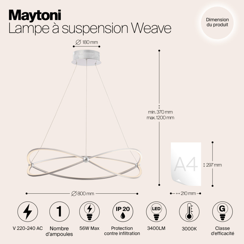 Подвесной светодиодный светильник Maytoni Weave MOD062PL-L56CH3K, 56W LED, 3000K, диаметр 80 см, никель