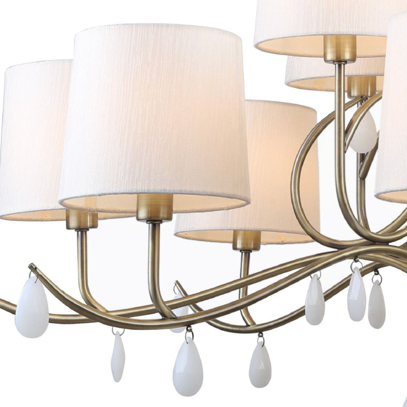 Подвесная люстра Favourite Castellum 2769-12P, D1010*H630/1630, античная латунь, плафоны из ткани кремового цвета, декоративные элементы в виде подвесок из белого стекла