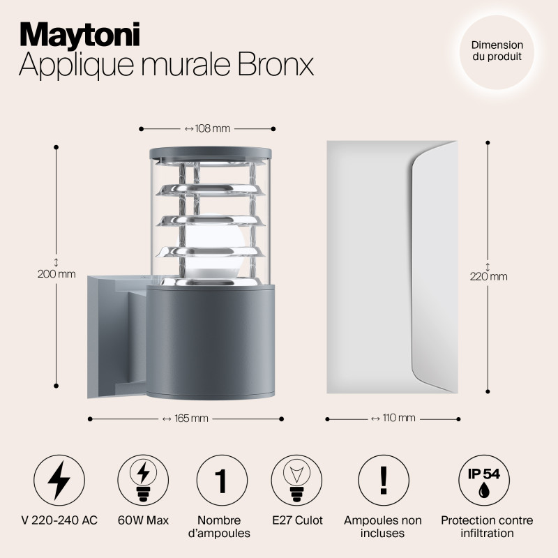 Светильник 20 см, Maytoni Bronx O576WL-01GR, серый