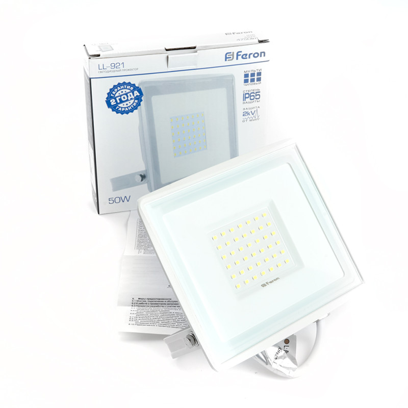Прожектор светодиодный 2835 SMD 50W 6400K IP65  AC220V/50Hz, белый , LL-921 Feron 29498