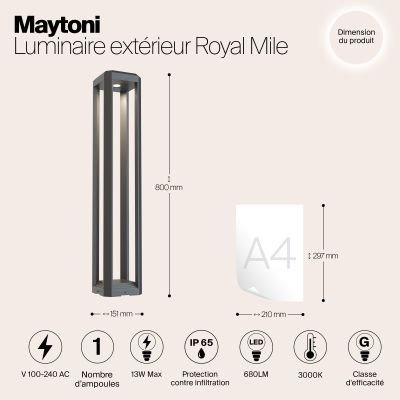 Ландшафтный светодиодный светильник 80 см Maytoni Royal Mile O019FL-L12GR3K, 13W LED, 3000K, серый