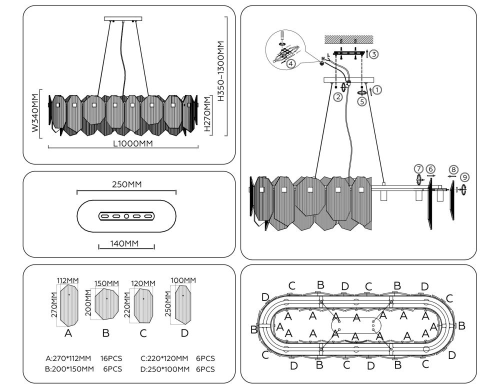 Подвесной светильник 100*34*27- см, 12*E14*40W, K, Ambrella Light High Light LH31205, сатин никель