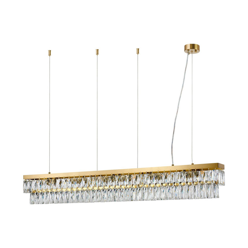 Подвесная люстра Favourite Magnitudo 4090-6P, L1200*W120*H175/1175, прямоугольный золота, плафон состоит из прозрачного хрусталя оригинальной формы, часть каркаса фиксируется тросиками для баланса