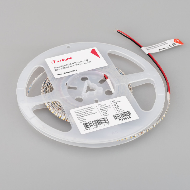 Лента MICROLED-M182-4mm 24V Warm2700 (10 W/m, IP20, 2216, 5m) (Arlight, узкая) 037815. Цена указана за 5 метров. Продается кратно 5 метрам.