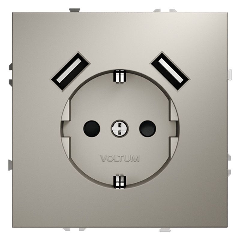 Розетка встраиваемая Voltum S70 с заземлением и защитными шторками, 16А, с USB, A+A, кашемир пластик Soft touch VLS040403