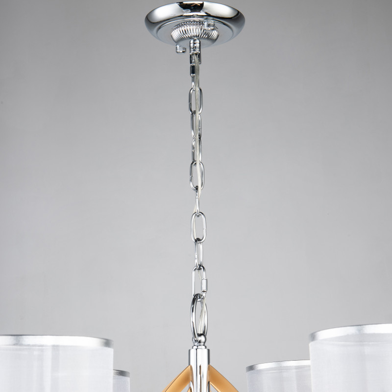 Подвесная люстра Favourite Stine 2705-6P, D650*H420/1420, каркас серебряного цвета и цвета латуни, абажур из полупрозрачной органзы с серебряной тесьмой, декоративные элементы выполнены из прозрачного хрустал