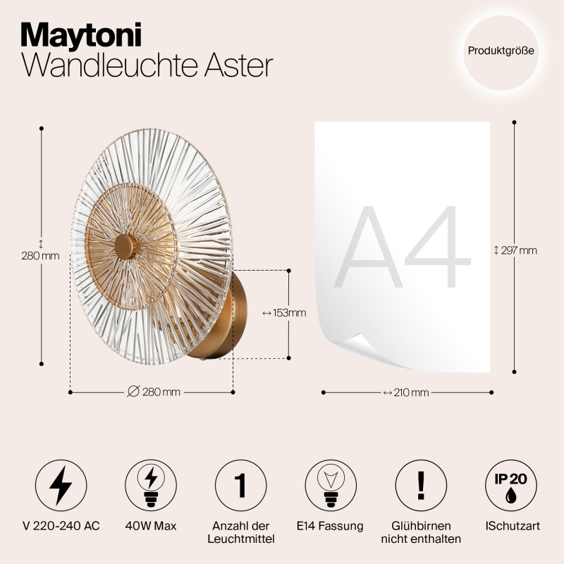 Светильник 28 см, Maytoni Aster MOD007WL-01G, золото