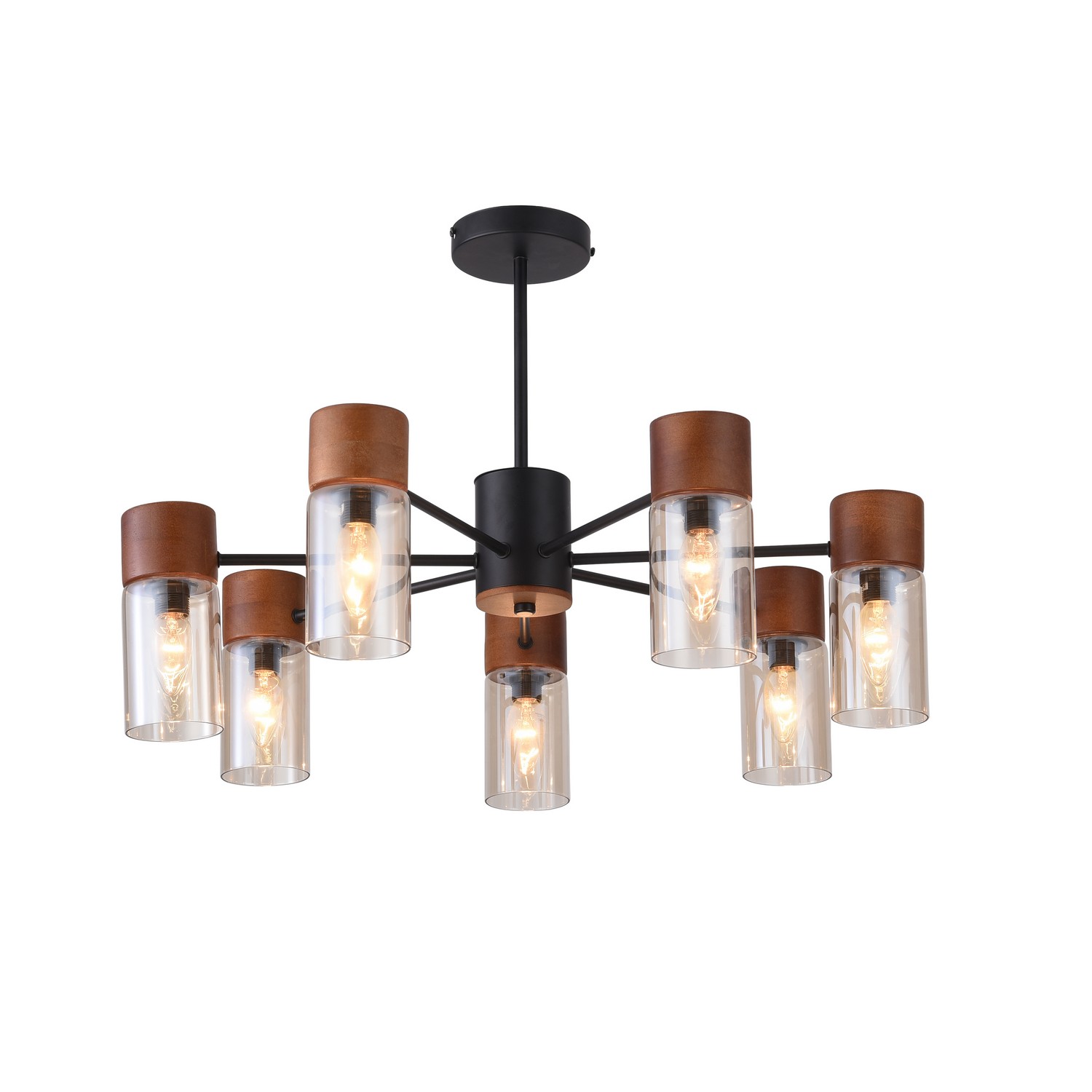Люстра F-Promo Torr 2633-7P, D680*H450, Каркас черного цвета с декоративными элементами из дерева, плафон из прозрачного стекла коньячного оттенка
