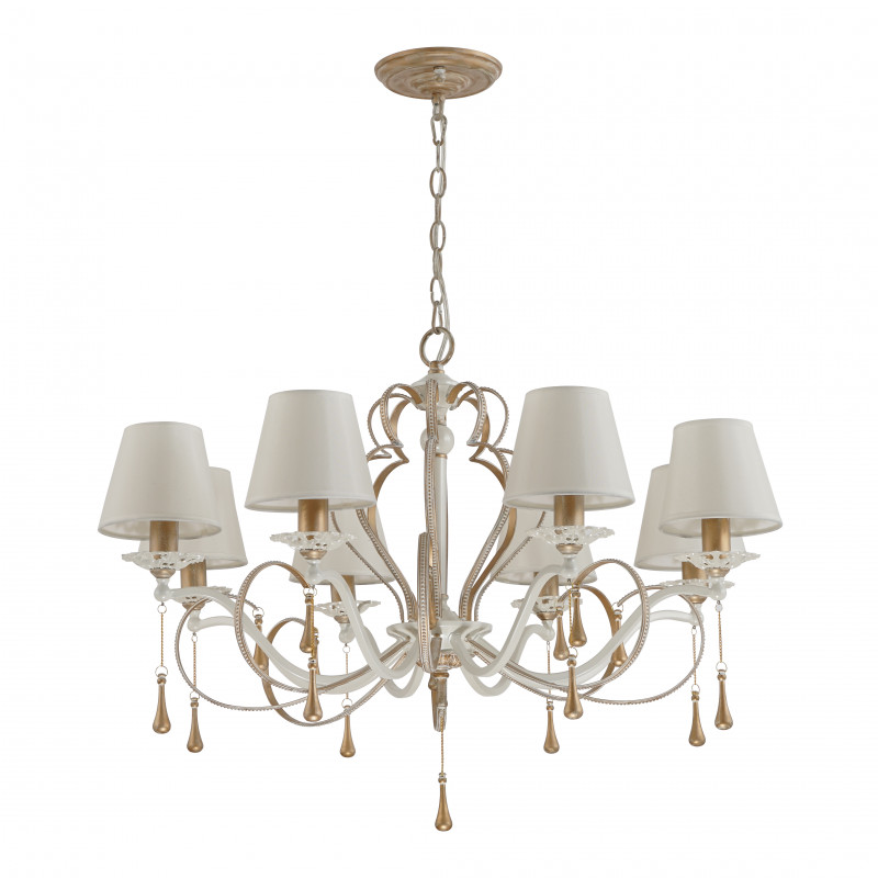 Подвесная люстра Favourite Silena 2635-8P, D800*H590/1670, каркас белого цвета и цвета - античное золото, абажуры из белой ткани, декоративные подвески в виде удлиненных стеклянных капель на золотых цепочках
