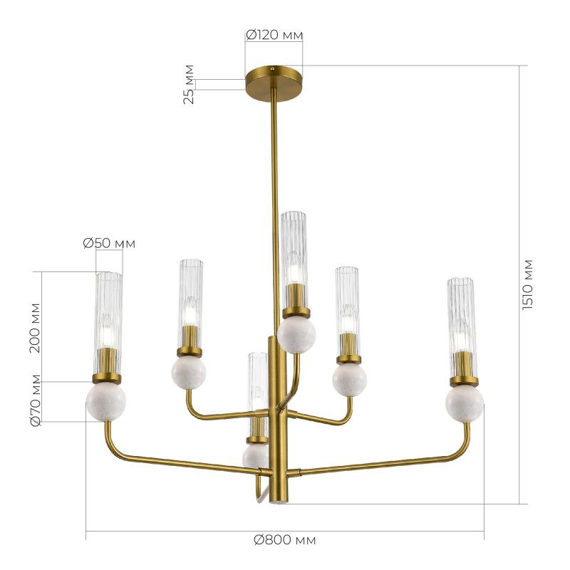 Люстра на штанге 80*151 см, 6*E14*40W, ST-Luce Medea SL1244.303.06, латунный