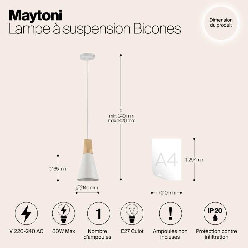 Подвесной светильник Maytoni Bicones P359-PL-140-W, диаметр 14см, белый, светлое дерево