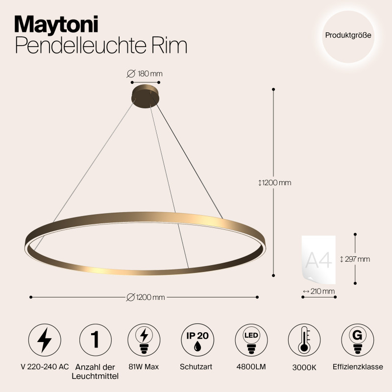 Светильник 120 см, 81W, 3000K Maytoni MOD058PL-L65BS3K, латунь