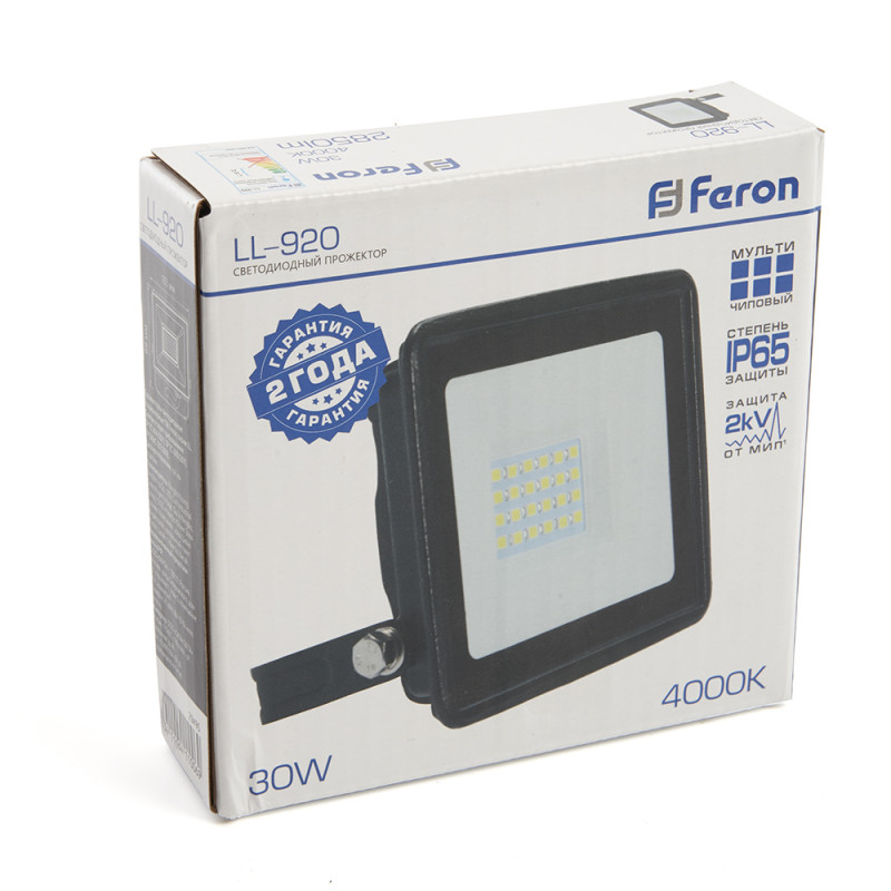 Прожектор светодиодный 2835 SMD 30W 4000K IP65  AC230V/50Hz, черный, LL-920 Feron 29495