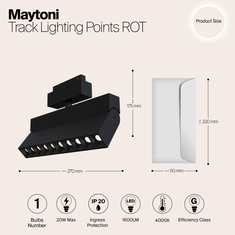 Светодиодный светильник 27 см, 20W, 4000K, Maytoni Track lamps S35  TR015-2-20W4K-B, 20W LED, 4000K, черный трековый