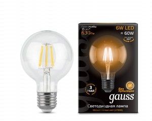 Лампа светодиодная Е27, 6W=60W, Gauss LED Filament G95 2700K теплый свет 105802106