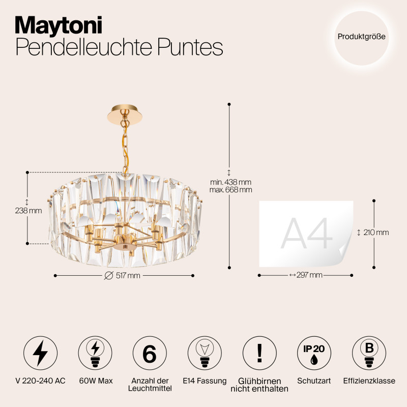 Подвесная люстра Maytoni Puntes MOD043PL-06G, диаметр 53 см, золото