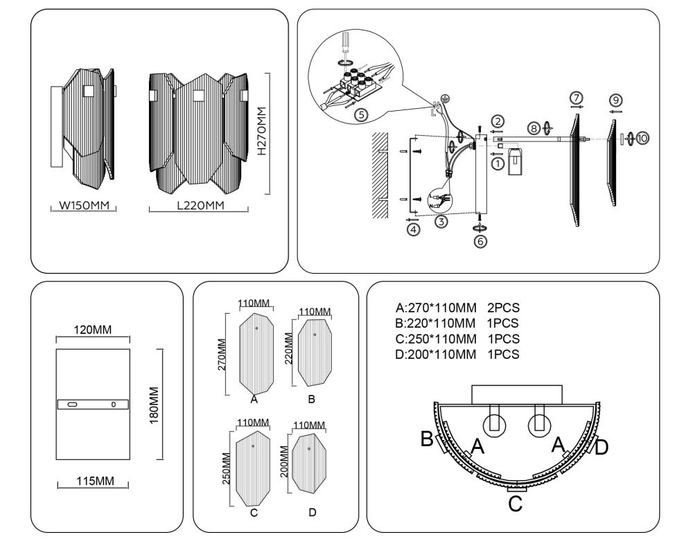 Бра 22*15*27- см, 2*E14*40W, K, Ambrella Light High Light LH31207, сатин никель