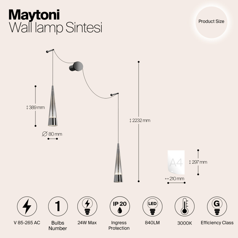 Светодиодный светильник 24W, 3000K, Maytoni Sintesi P090WL-L24CH3K, хром
