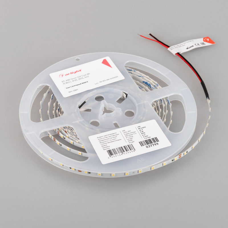 Лента RT-A80-5mm 24V Cool 8K (5 W/m, IP20, 2835, 5m) (Arlight, Открытый) 037799. Цена указана за 5 метров. Продается кратно 5 метрам.