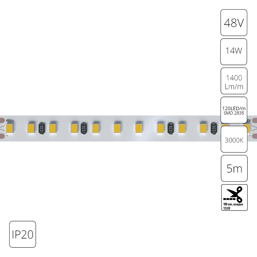 A4812010-05-3K Светодиодная лента 48В 14Вт/м 1400Лм/м 3000К 90+ 10мм SMD2835 120шт/м 5м IP20 Arte Lamp Tape