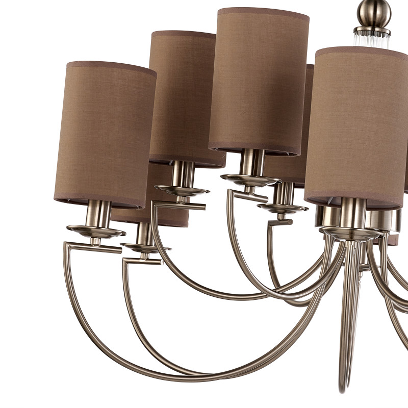 Подвесная люстра Favourite Argo 2934-12P, D880*H615/1680, никеля, плафоны из коричневой ткани, декоративный элемент из прозрачного стекла