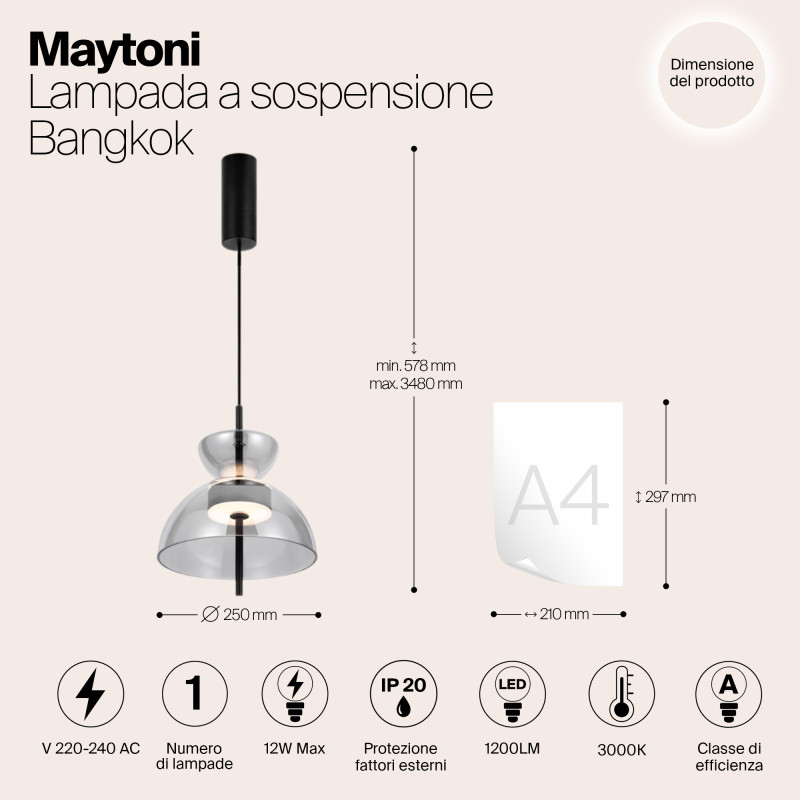 Подвесной светильник  25*57,8 см, LED 1 12W, 3000К, Черный Maytoni Bangkok MOD185PL-L6B3K5