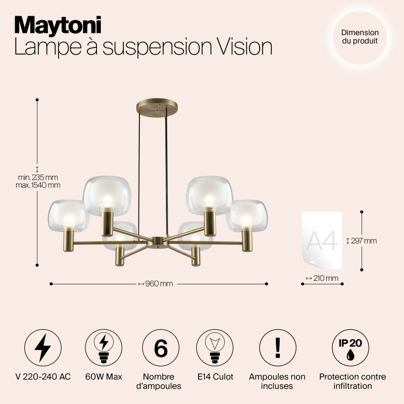Светильник 96 см, Maytoni Vision MOD411PL-06G, золото