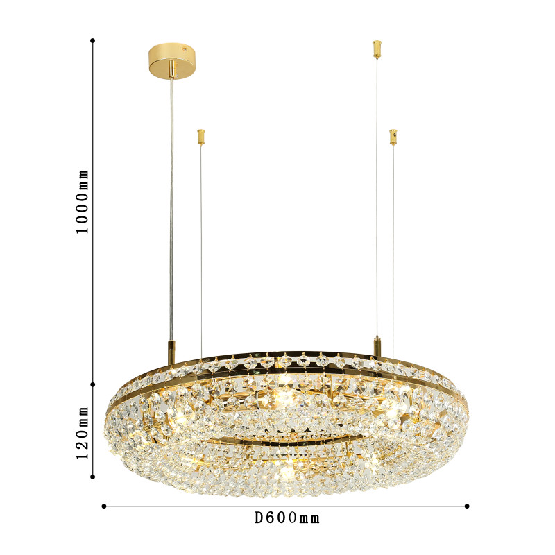Подвесная люстра Favourite Monilibus 4015-8P, D600*H120/1120, светлого золота, плафон в виде объемного обруча состоит из прозрачных хрустальных восьмигранников