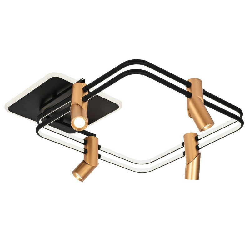 Потолочный светильник Favourite Cosmical 4070-4U, L600*W600*H210, потолочный светильник черного цвета в  сочетании с золотыми поворотными спотами на каркасе, встроенные ленты LED по периметру. Пульт управления цветом