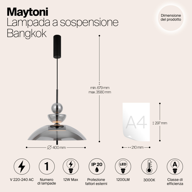 Подвесной светильник  40*67,9 см, LED 1 12W, 3000К, Черный Maytoni Bangkok MOD185PL-L6B3K6